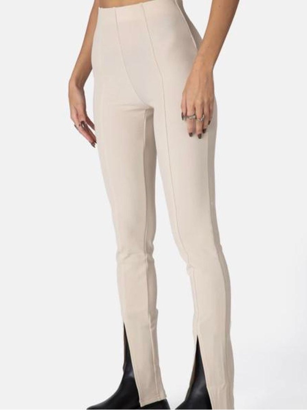 Adika Cream Slim High-Waist Seam-Front Pants with Hem Slits